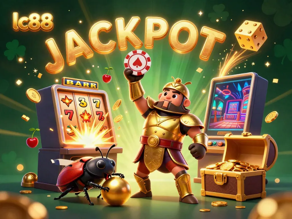 Celebrate big wins with lc88 in a vibrant casino adventure featuring a heroic beetle and jackpot symbols.