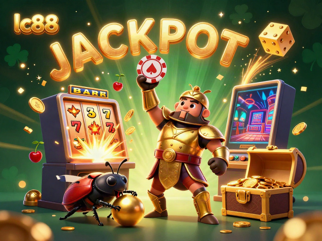 Celebrate big wins with lc88 in a vibrant casino adventure featuring a heroic beetle and jackpot symbols.