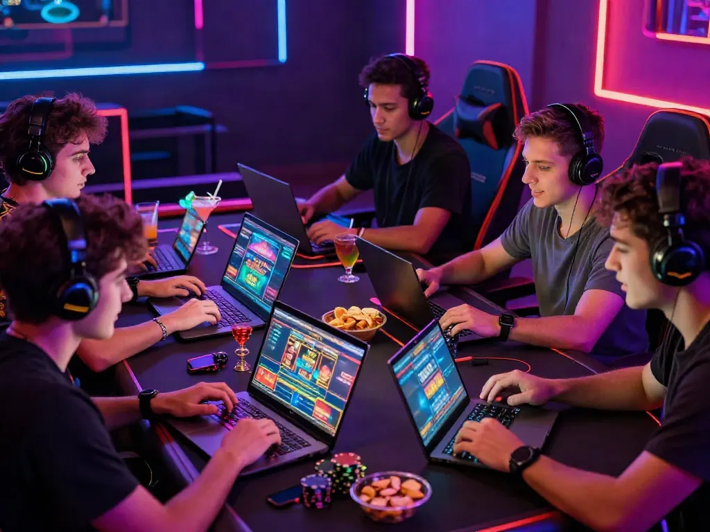 Friends enjoying online games at non GamStop casinos in vibrant setting