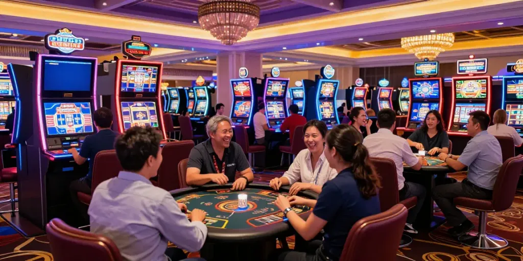 Players engaged in fun at non GamStop casinos, showcasing lively gaming atmosphere.