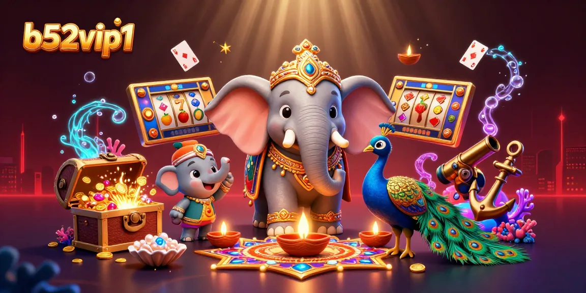 Experience the excitement at b52vip1 with a dynamic casino illustration featuring vibrant slot games.