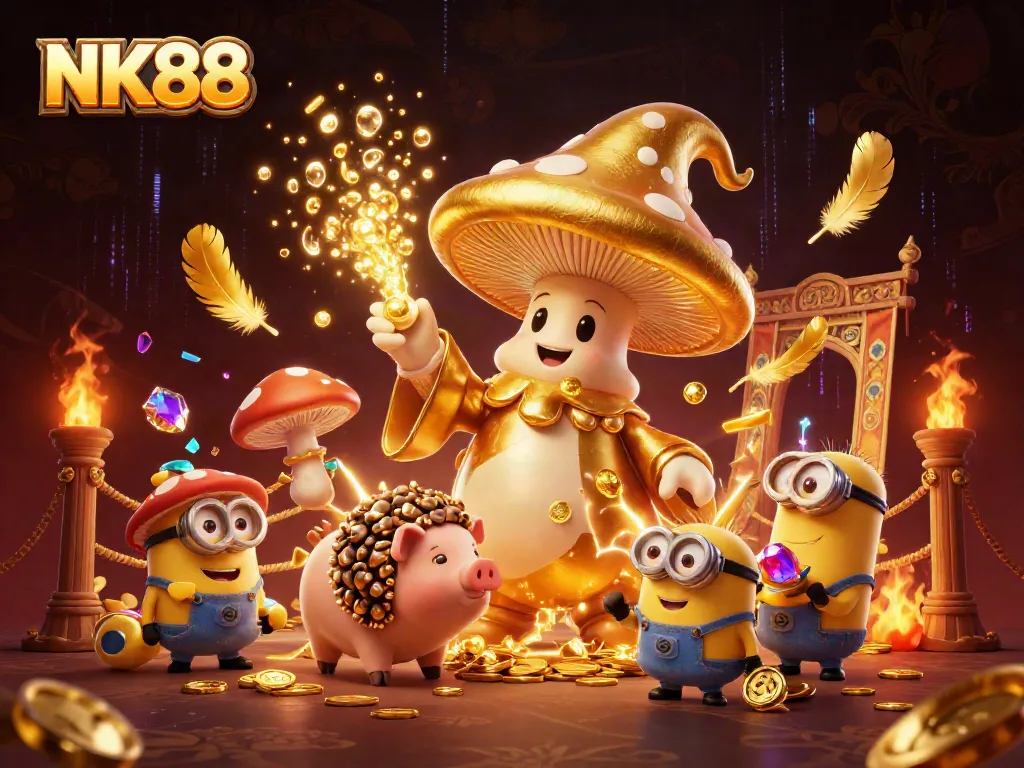 Engage with NK88's vibrant gaming universe featuring golden wizard and treasure-seeking familiar.