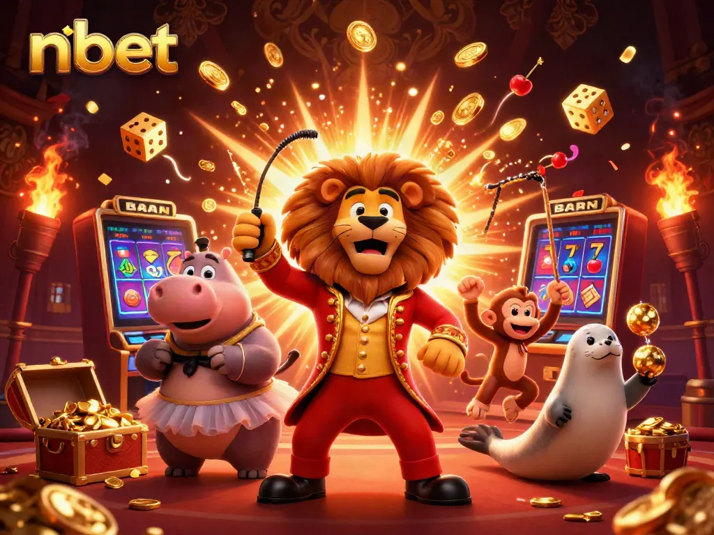 Experience thrilling wins with nbet as a lion ringmaster orchestrates a lively casino scene full of excitement.