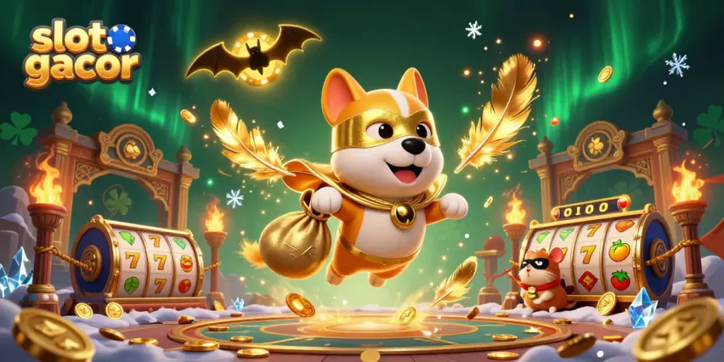 Permainan slot gacor yang menggembirakan dengan anjing superhero dan karakter menyenangkan membawa koin emas.