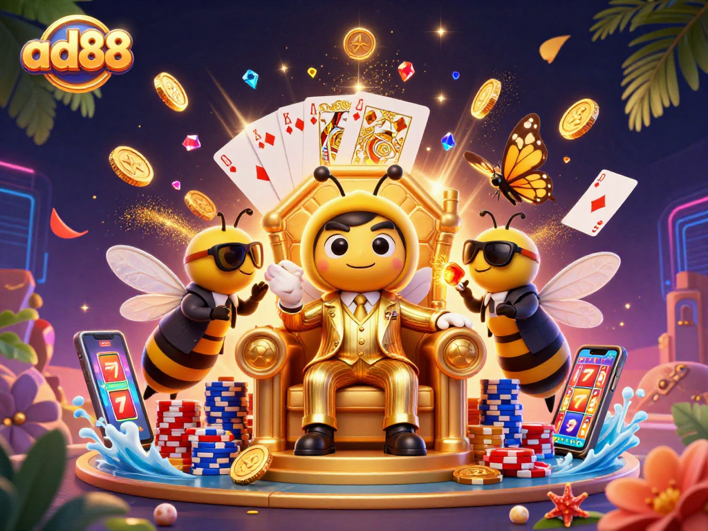 Experience the excitement of ad88 with a vibrant 3D casino scene with game elements in action.