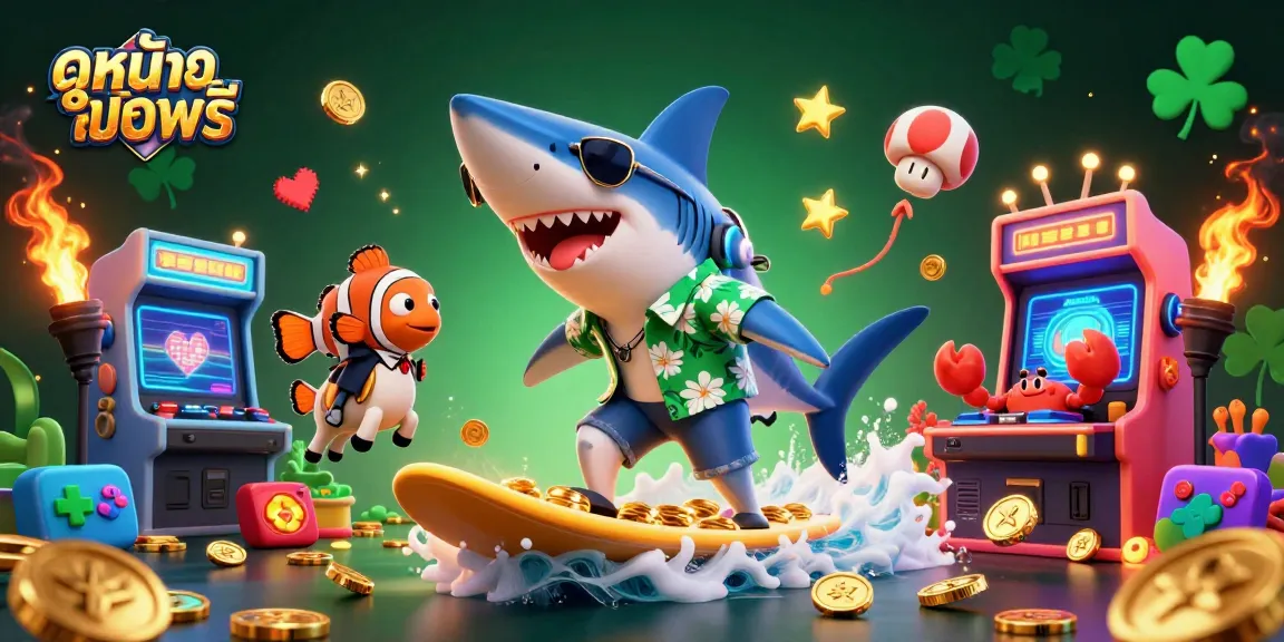 Surf thrillingly with ดูหนังออนไลน์ฟรี, featuring vibrant visuals of a shark and whimsical sea creatures in an exciting underwater casino scene.