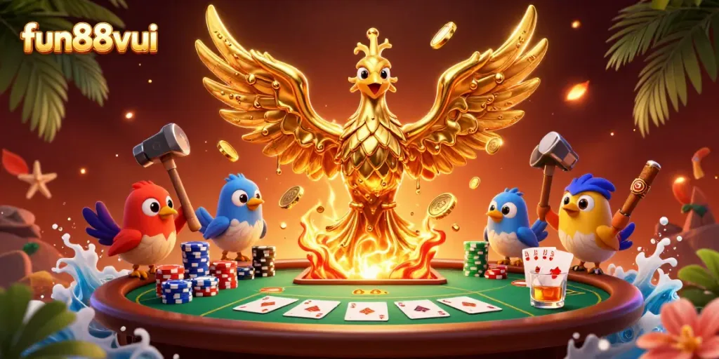 Engage with fun88vui at a vibrant poker scene featuring a phoenix of molten gold.