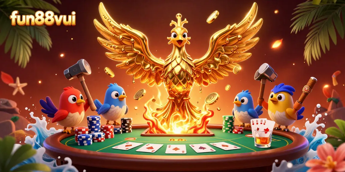 Engage with fun88vui at a vibrant poker scene featuring a phoenix of molten gold.