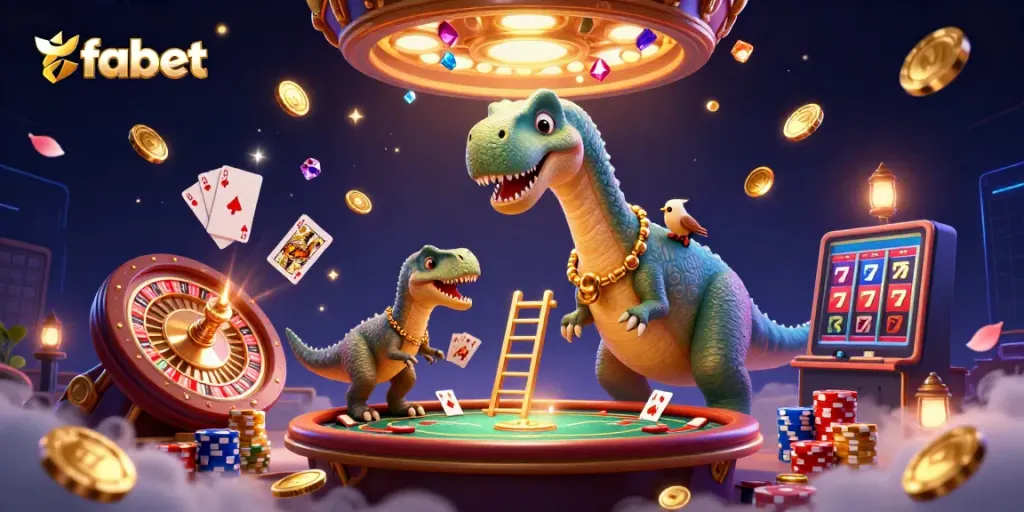 Experience the excitement of fabet with a towering brontosaurus amidst vibrant casino elements.