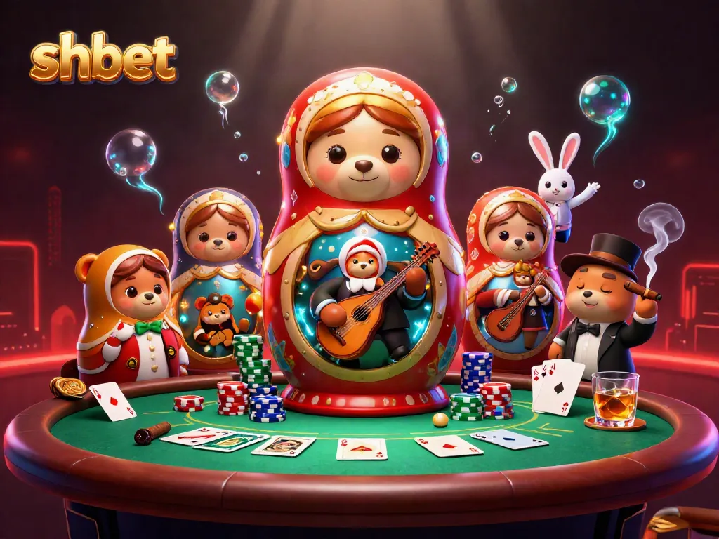 Join the fun at shbet with vibrant casino elements, including poker action and playful characters.
