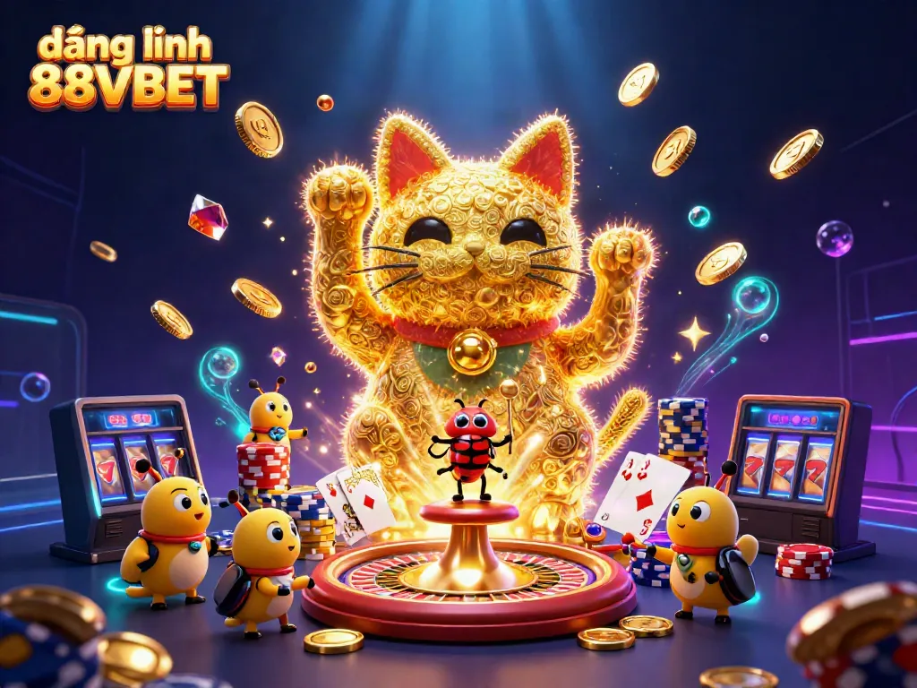 Engage with the vibrant world of online gaming through "đăng nhập 88VBET," showcasing a lucky cat amidst casino symbols.