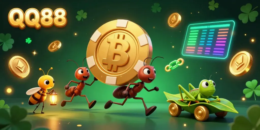 Experience the excitement of QQ88 with animated ants casually carrying a giant poker chip through a vibrant, dynamic gaming tunnel.