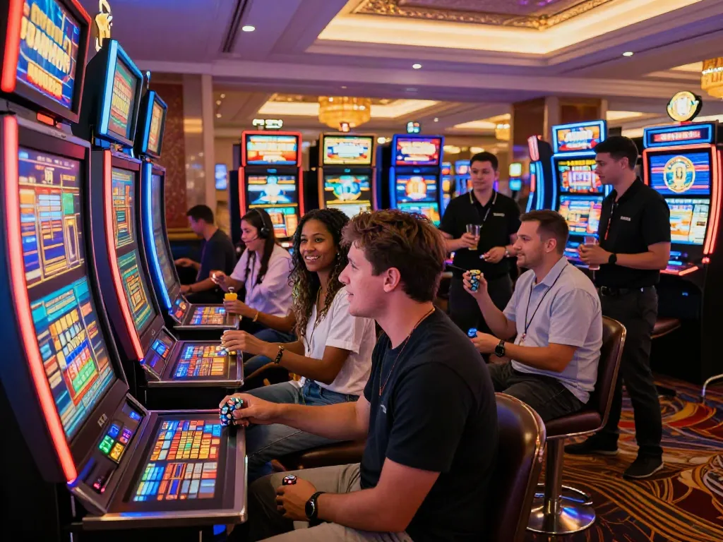 Excited players enjoying the lively atmosphere of non gamstop casinos with vibrant gaming machines and friendly staff.