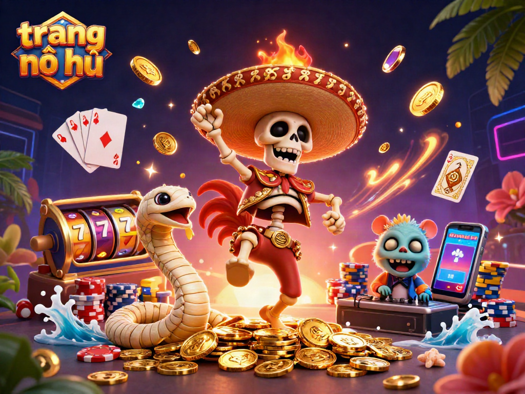 trang nổ hũ showcases a vibrant 3D scene with a triumphant mariachi rooster dancing on coins.