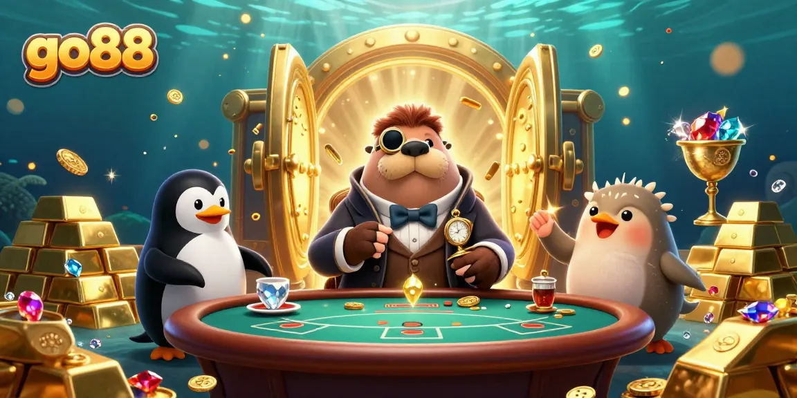 Join the fun at go88 with a jolly walrus and friends at an exciting underwater poker scene.