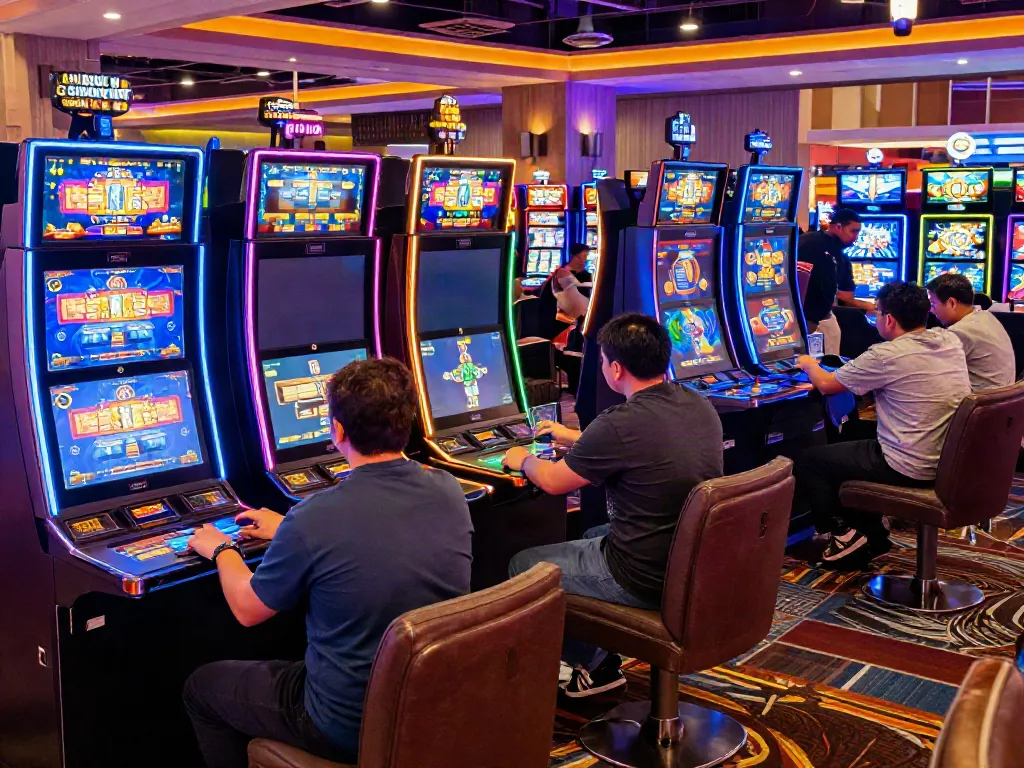 Players enjoying games at lively non GamStop casinos with vibrant lighting.