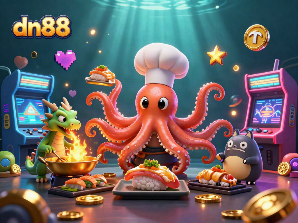 Experience thrilling gameplay at dn88 with a vibrant 3D casino scene featuring an octopus chef and game elements.