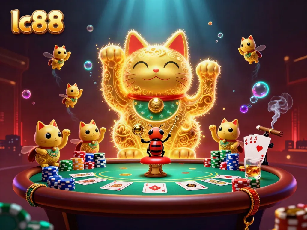 Experience excitement with lc88's vibrant casino scene featuring a lucky cat and poker elements.