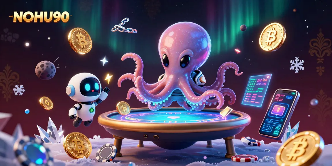 Engage with NOHU90, featuring an alien octopus operating a holographic poker table in an exciting 3D illustration.