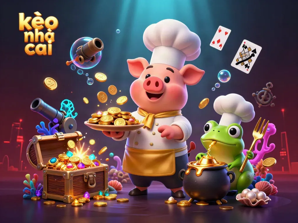 Experience kèo nhà cái with a vibrant scene featuring a chef pig serving gold coins, surrounded by underwater treasures.