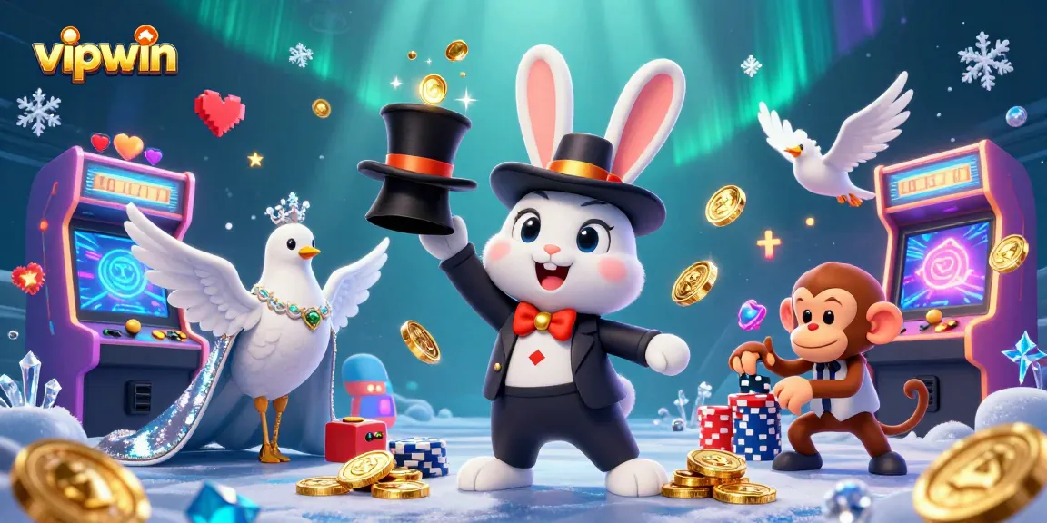 Experience the thrilling world of vipwin with a magical scene of a rabbit, dove, and monkey in an exciting casino atmosphere.