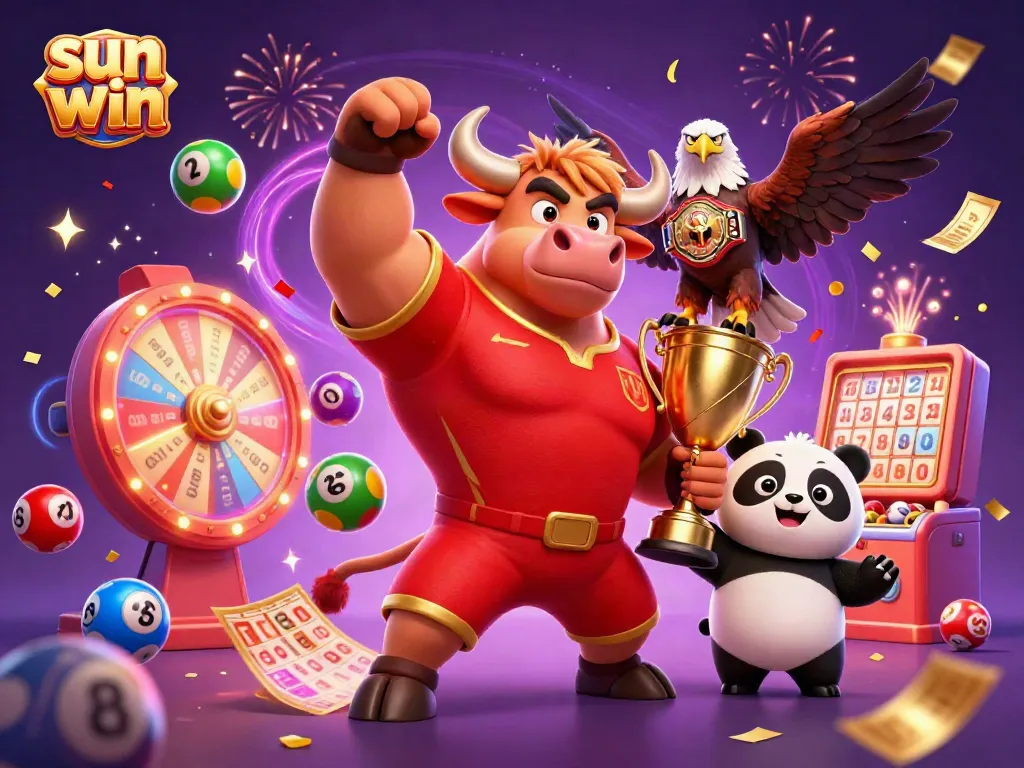Engage with the thrilling world of sun win as the bull mascot celebrates victories among lottery elements and dazzling effects.
