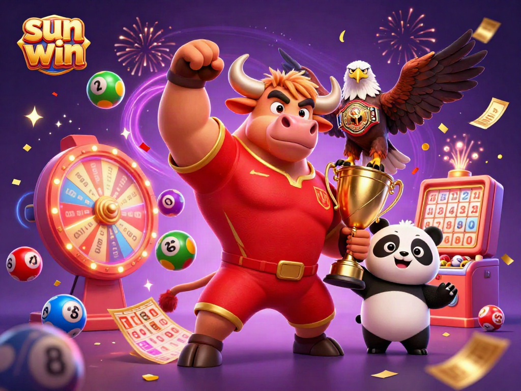 Engage with the thrilling world of sun win as the bull mascot celebrates victories among lottery elements and dazzling effects.