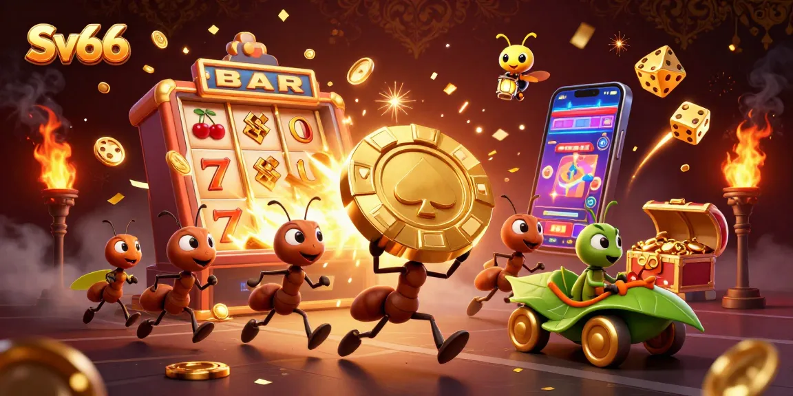 Join the thrilling heist at Sv66, where cartoon ants carry a giant poker chip amidst a jackpot explosion!