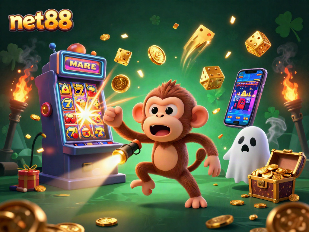 Experience the thrill of net88's gaming world with vibrant 3D illustration of lively casino action.