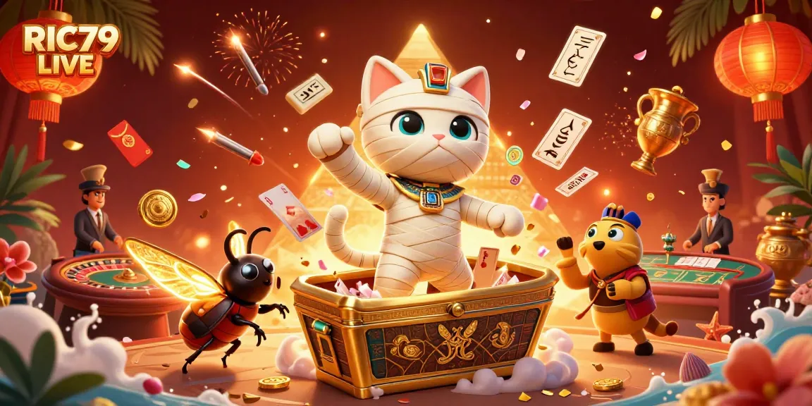 Experience the thrill of RIC79 LIVE with the Egyptian mummy cat and stunning casino elements.