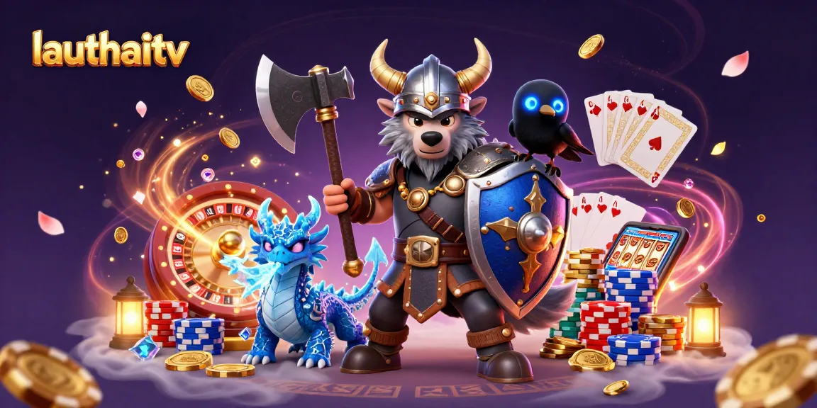 Engage with lauthaitv's thrilling casino adventure featuring a Viking warrior, dragon, and winning games!