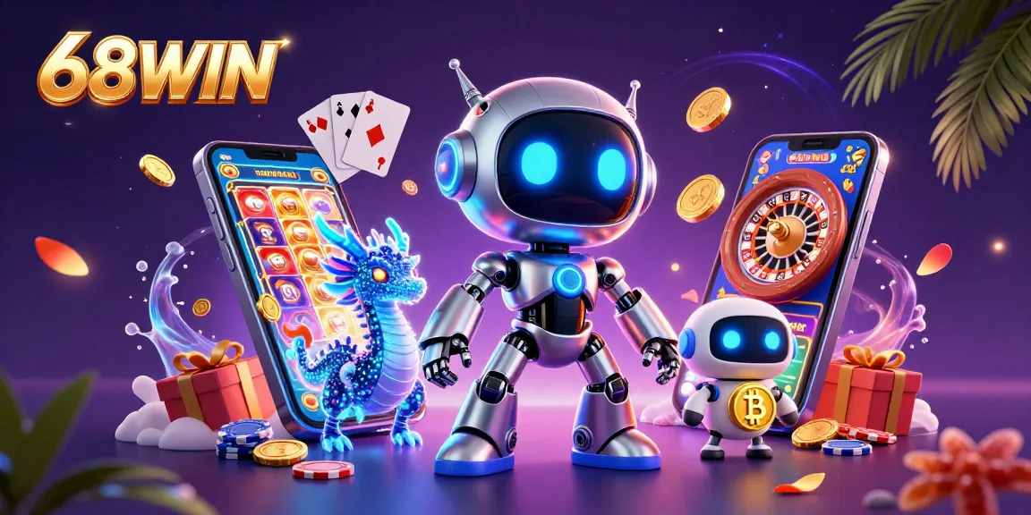 Play exciting slot games at 68WIN featuring colorful spins and vibrant characters in a cinematic scene.