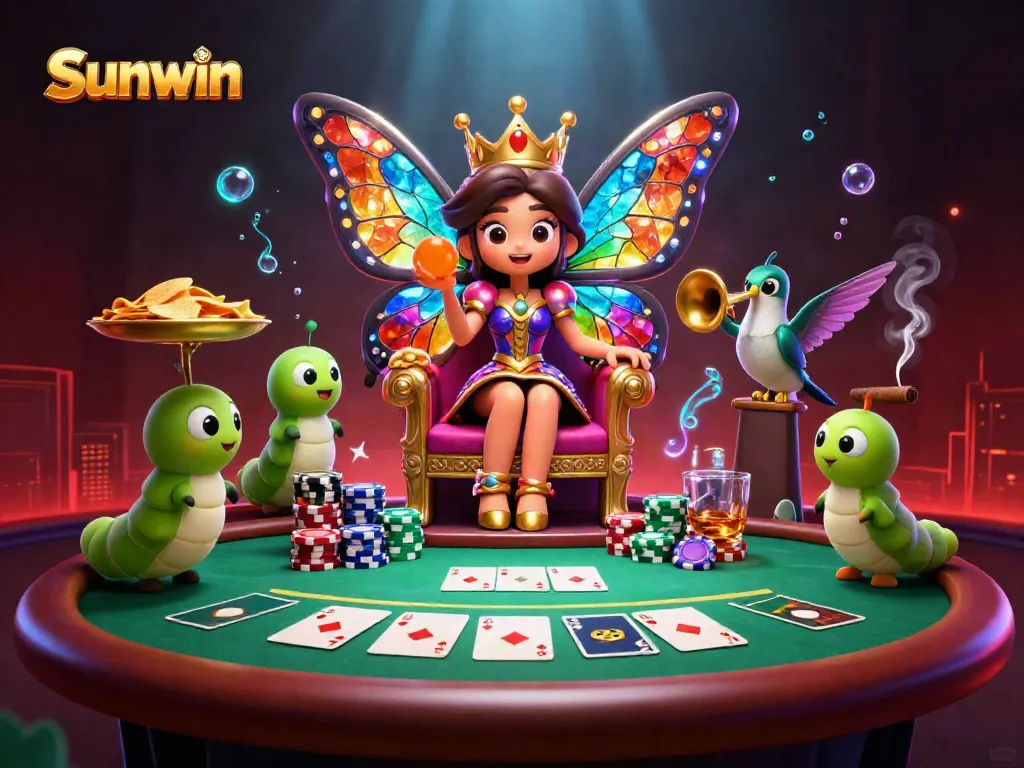 Experience vibrant gaming at Sunwin, featuring a butterfly queen amid colorful poker chips.