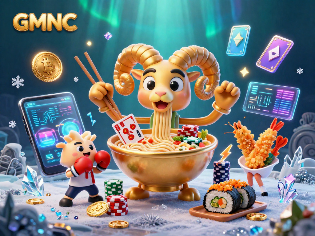 Play and win with GMNC's vibrant casino scene featuring crypto elements and cartoon characters.