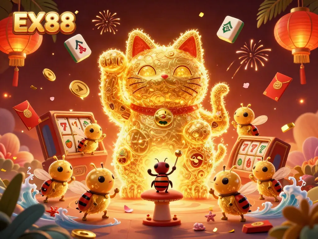 Engage with the whimsical EX88 lucky cat amidst dynamic casino elements showcasing vibrant gameplay.