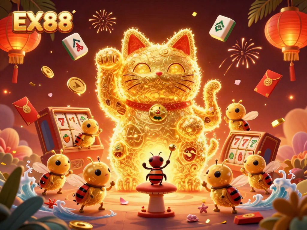 Engage with the whimsical EX88 lucky cat amidst dynamic casino elements showcasing vibrant gameplay.