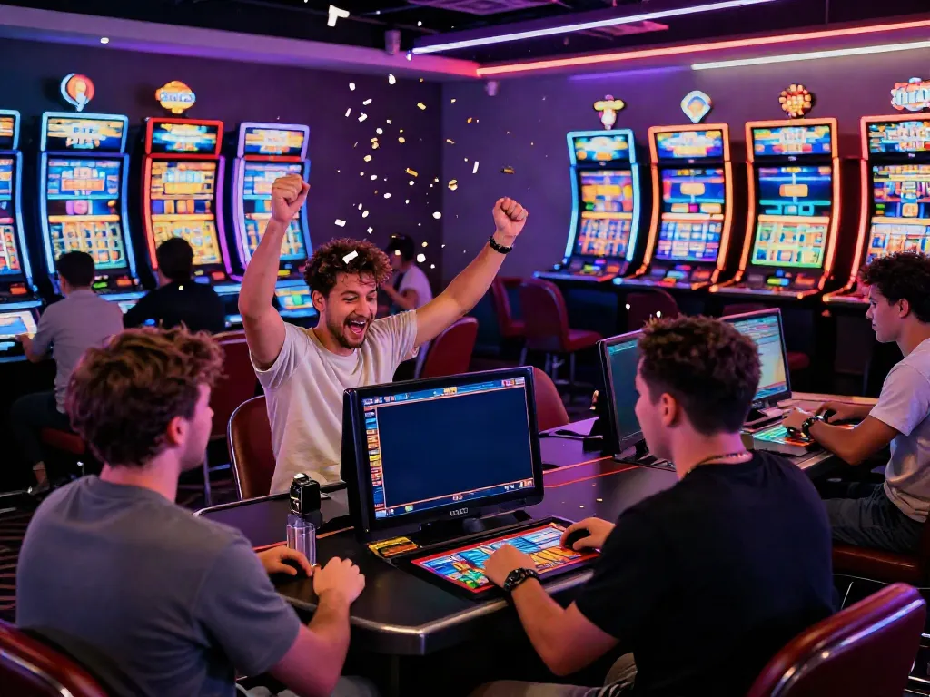 Exciting scene of players enjoying non GamStop casinos, immersive gaming atmosphere with vibrant lights.