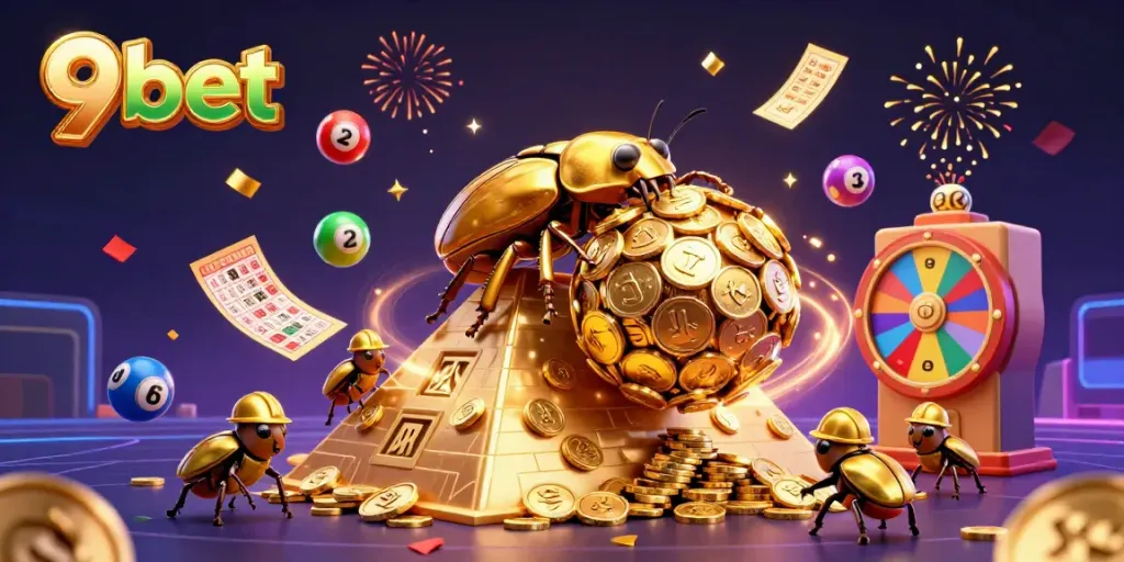 Experience excitement with 9bet as golden dung beetles roll coins in a vibrant casino-themed illustration.