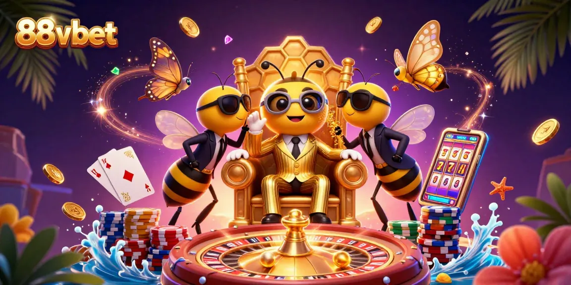 Experience the excitement of 88vbet with vibrant casino elements and characters in a dynamic, colorful scene.