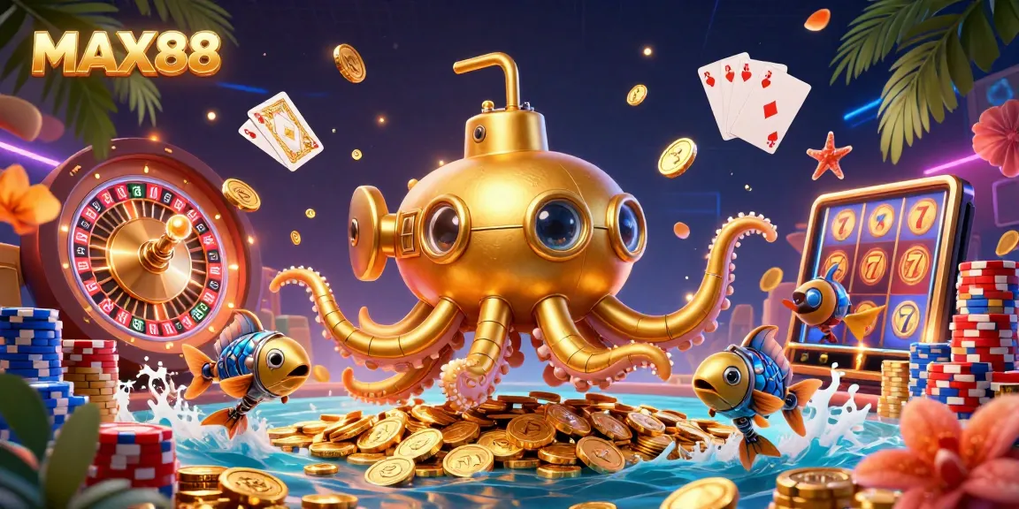 MAX88 showcases a vibrant 3D cartoon casino scene with a golden kraken submarine, lively casino elements, and sparkling riches.