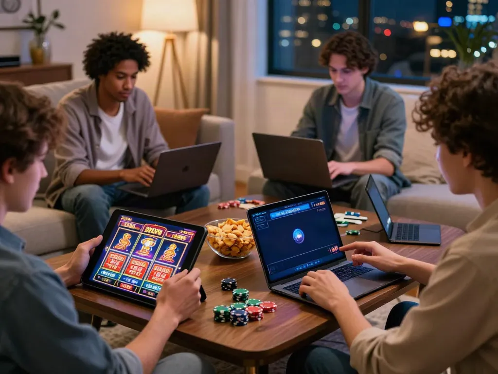 Engaging scene of players enjoying non gamstop casinos from home with devices and snacks.