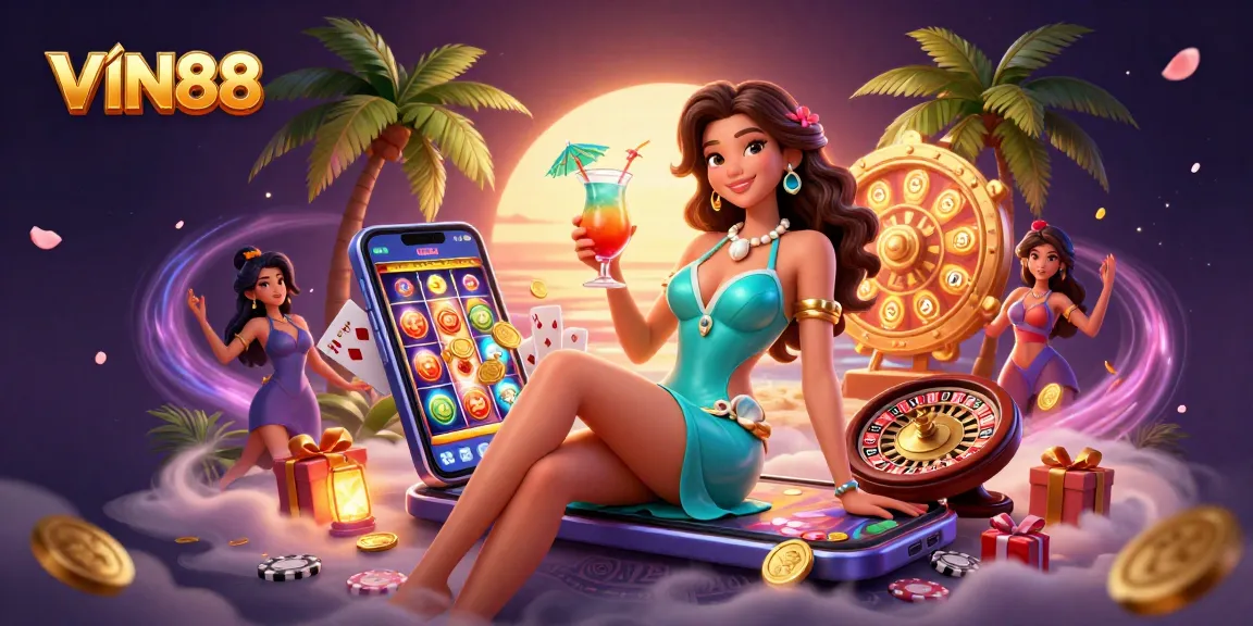 Win big with VIN88's vibrant casino games amongst colorful prizes and a stunning beach setting.