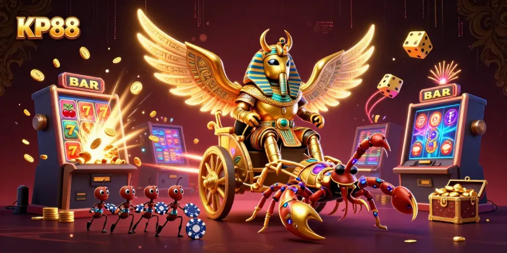 Experience thrilling wins at KP88 with a dynamic casino scene featuring a glowing scarab and jackpots.