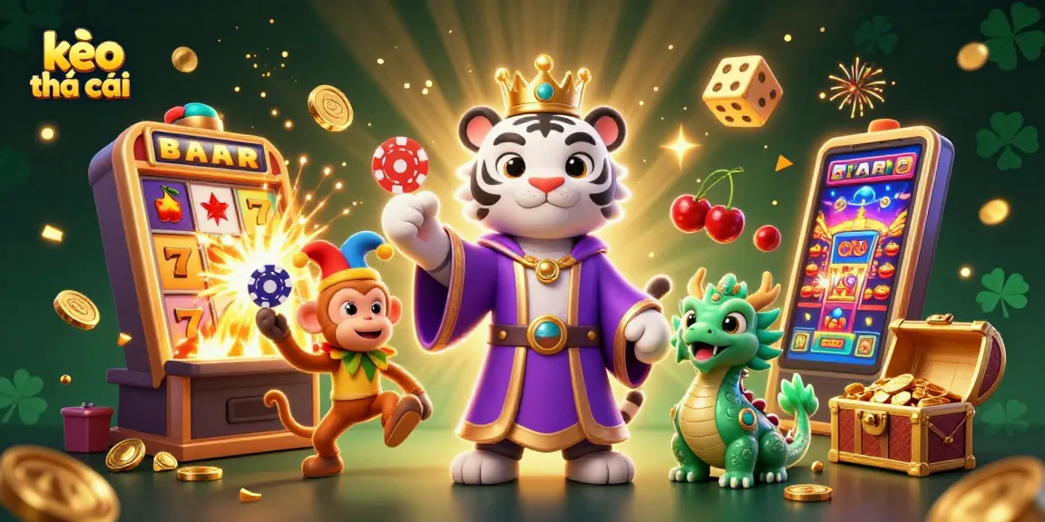 Engage with kèo nhà cái in a vibrant casino scene featuring a royal tiger, jester monkey, and jade dragon.