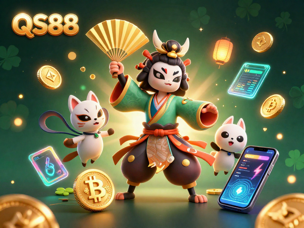 Experience the thrill of QS88 casino with vibrant characters and crypto elements in a captivating 3D scene.