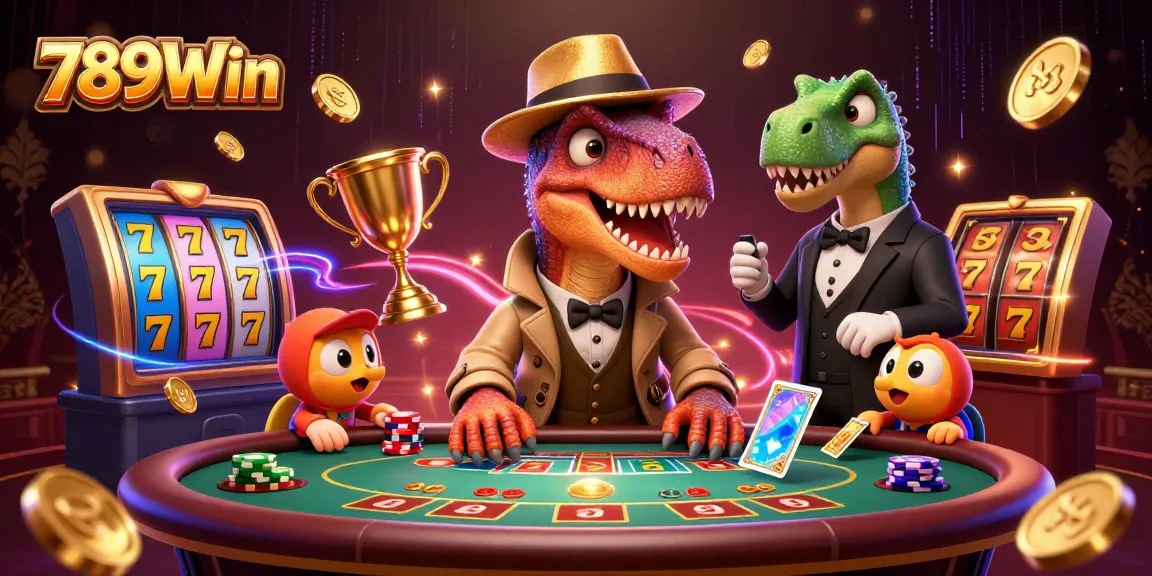 Experience thrilling gameplay at 789Win with a cartoon velociraptor at a blackjack table.