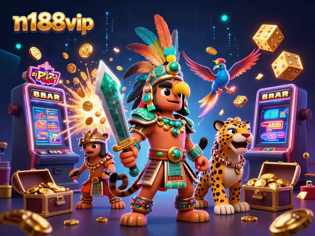 Experience thrilling jackpots and gameplay with n188vip's Aztec-themed casino scene showcasing vibrant characters and games.