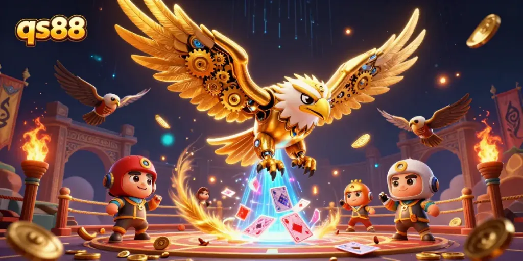 Experience the excitement of qs88 as the golden eagle dives through a cascade of holographic cards.