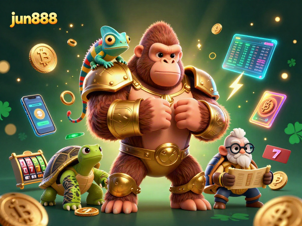 Play with jun888 at a vibrant casino scene featuring a gorilla king and digital elements.