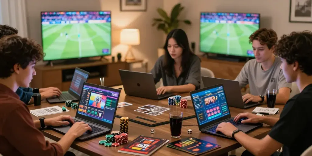 Players enjoying non GamStop casinos at home with laptops and gaming items.